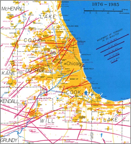 The paths of all the tornadoes that have hit the Chicago area between 1876 and 1985. The yellow indicates incorporated cities and towns. The red lines are historical tornado paths and their dates. (Source: Victor Gensini)