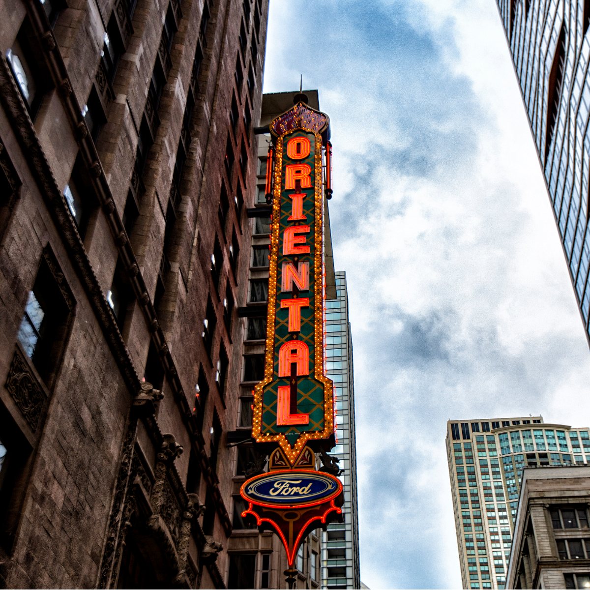 Famed sign atop the marquee at the famed Oriental theater. Opened as a movie palace in 1926, the theater closed in 1981. The Oriental reopened in 1996 and is now part of the stable of Broadway in Chicago theaters. It will be renamed for James Nederlander. (Jason Marck/WBEZ)