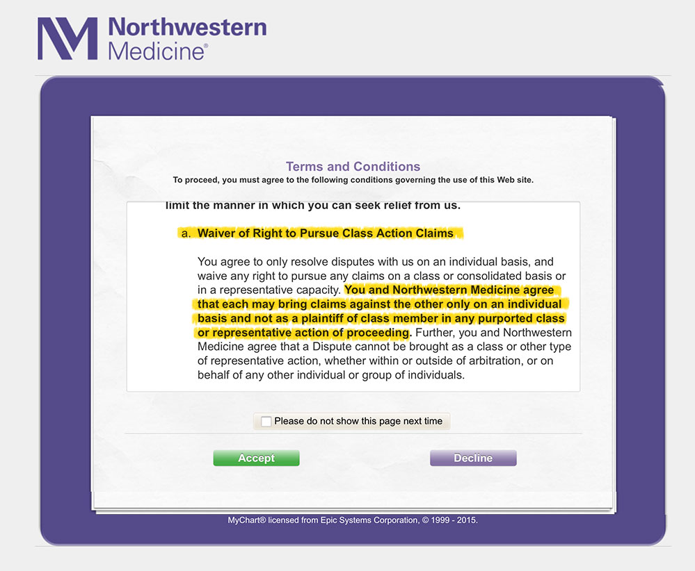 Northwestern Medicine now requires patients to agree not to pursue class-action claims in cases that involve the alleged mishandling of information on MyChart. That's the health system's online tool where patients communicate with their doctors. The restrictions do not apply to medical care. (Screenshot of Northwestern Medicine website, edited by WBEZ)