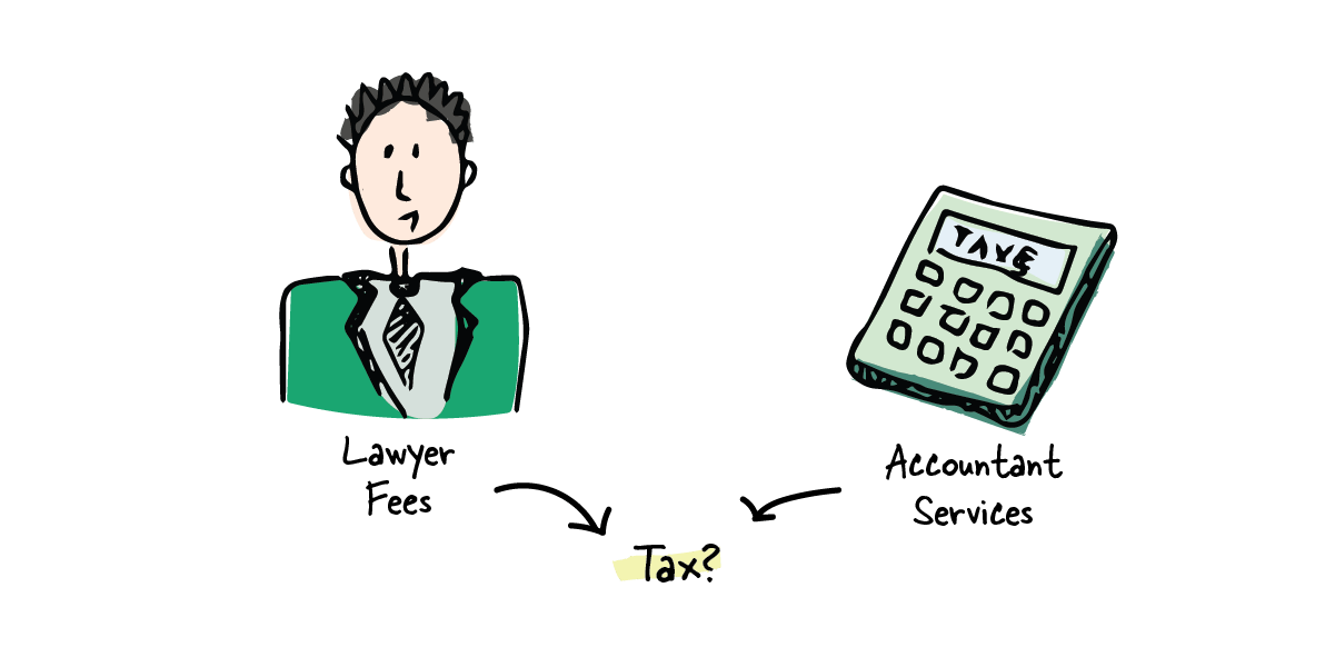 A lawyer and a calculator, labled 'lawyer fees' and 'accountant services', respectively. Both have an arrow pointed to 'taxes?'