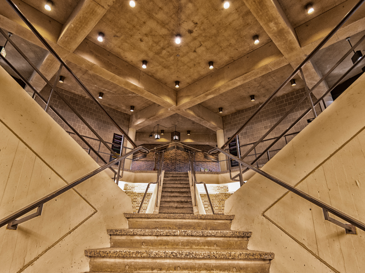 UIC's Behavioral Sciences Building features lots of stairs, halls, and unusual angles. (Jason Marck/WBEZ)