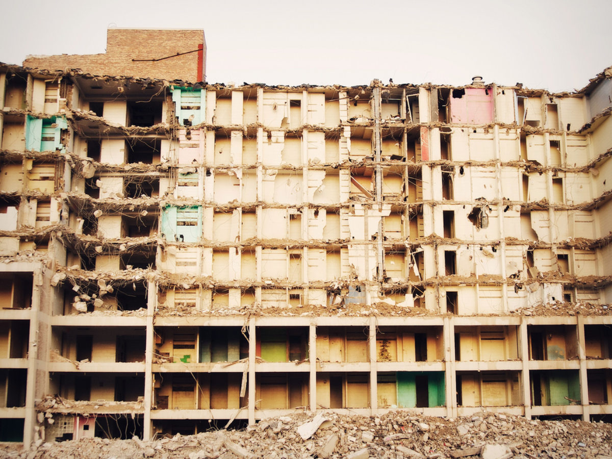 One of the Harold Ickes buildings in Chicago's Near South Side during demolition in July 2009. Colin Davis/Flickr