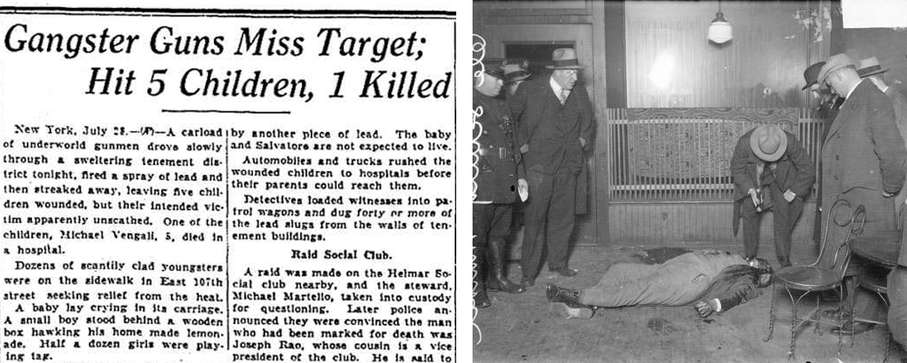 Left: Although they were known for their accuracy, machine guns didn't always hit their targets. (Chicago Tribune, 1931) Right: A witness in a kidnapping trial murdered in a saloon in 1928. (Courtesy Chicago History Museum, Chicago Daily News negatives collection, DN-0086947)