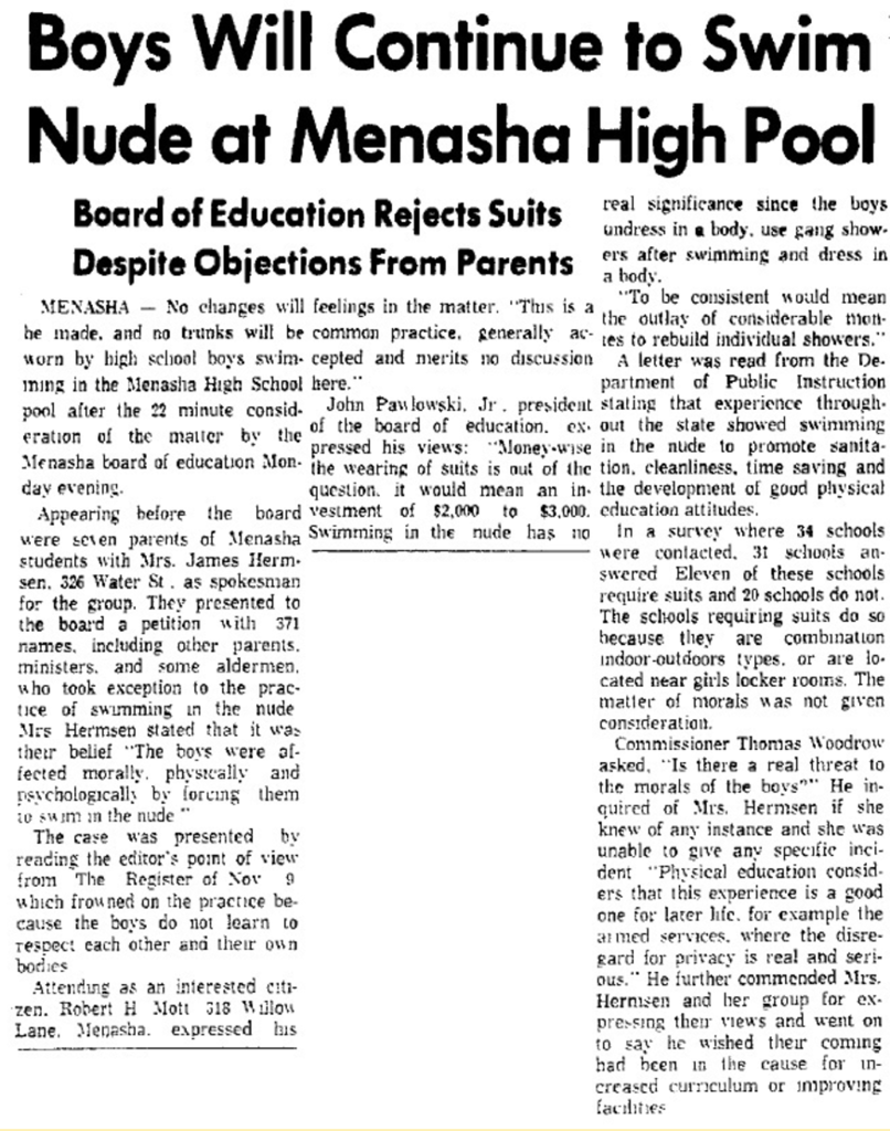 In 1961, the Menasha, WI school board successfully shut down a parental challenge to nude male swimming by claiming it would cost an estimated $2,000 to $3,000 to buy suits for the boys. (Courtesy https://sites.google.com/site/historicarchives4maleswimming/)