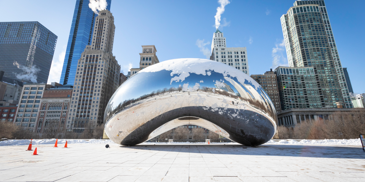 Anish Kapoor’s massive Cloud Gate sculpture, better known as “The Bean,” in downtown Chicago's Millennium Park in January 2019. The 110-ton stainless steel sculpture was completed in 2006 and has since become a popular tourist destination. (Manuel Martinez/WBEZ)